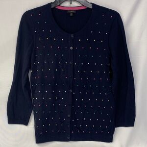 Talbots Women's Navy Colorful Dots 3/4 Sleeve Button Up Cardigan Sweater Size M